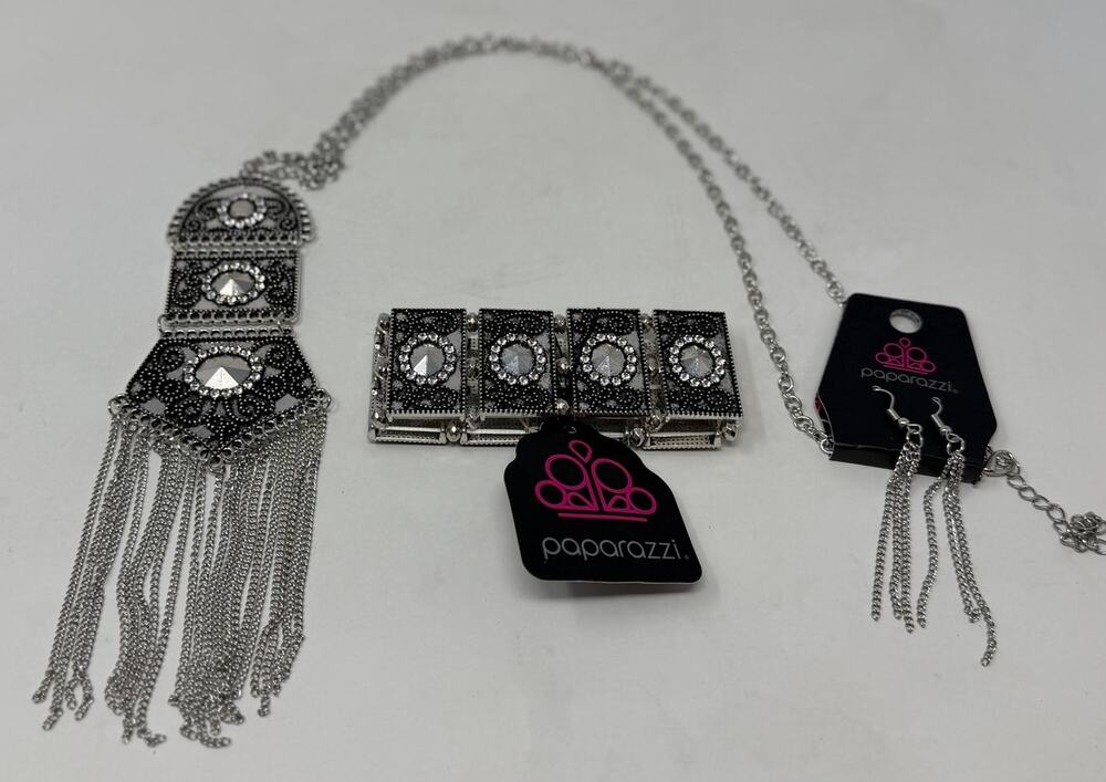 Paparazzi Necklace Bracelet Two Sets of Earrings Silver and Iridescent Stones